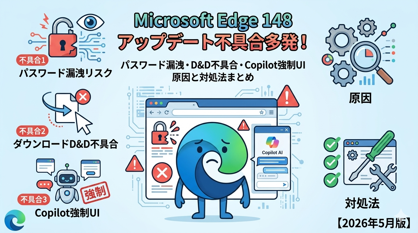 Microsoft Edge 148アップデートで不具合多発 パスワード漏洩リスク改善・ダウンロードD&D不具合・Copilot強制UIの原因と対処法まとめ【2026年5月版】