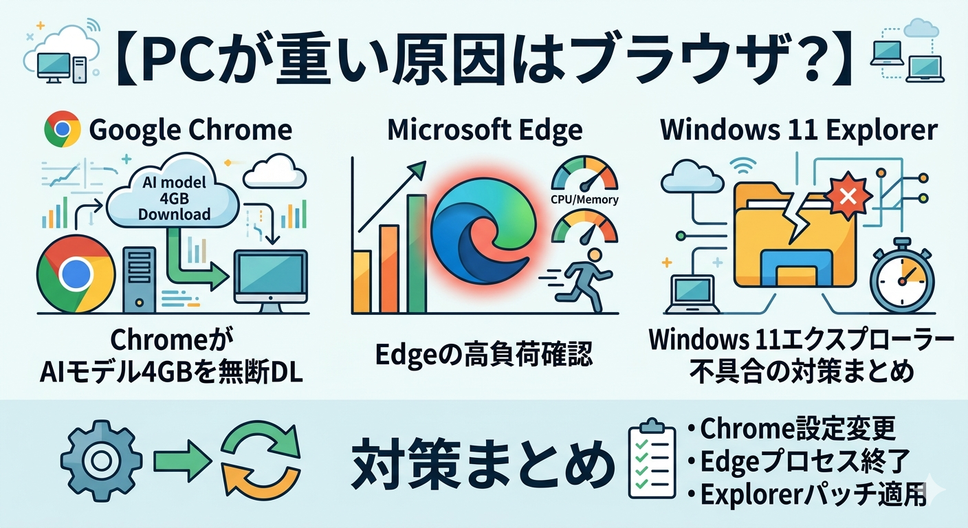 【PCが重い原因はブラウザ？】ChromeがAIモデル4GBを無断DL・ Edgeの高負荷確認・Windows 11エクスプローラー不具合の対策まとめ
