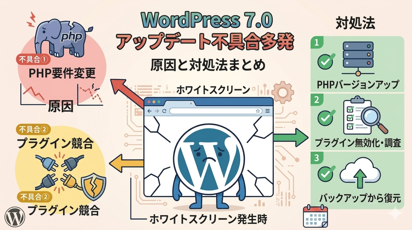 WordPress 7.0アップデートで不具合多発 ホワイトスクリーン・PHP要件変更・プラグイン競合の原因と対処法まとめ【2026年5月版】