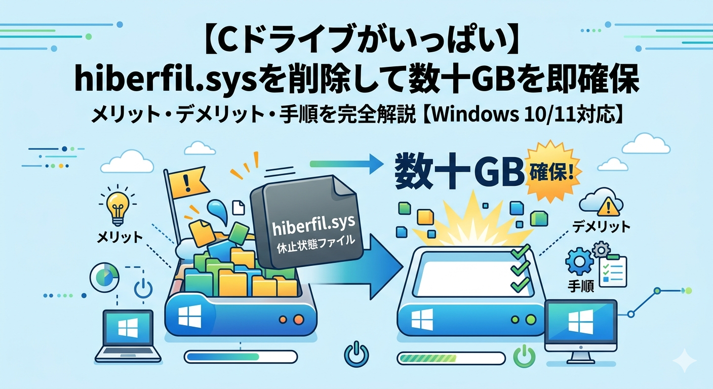 【Cドライブがいっぱい】hiberfil.sysを削除して数十GBを即確保 ─ メリット・デメリット・手順を完全解説【Windows 10/11対応】
