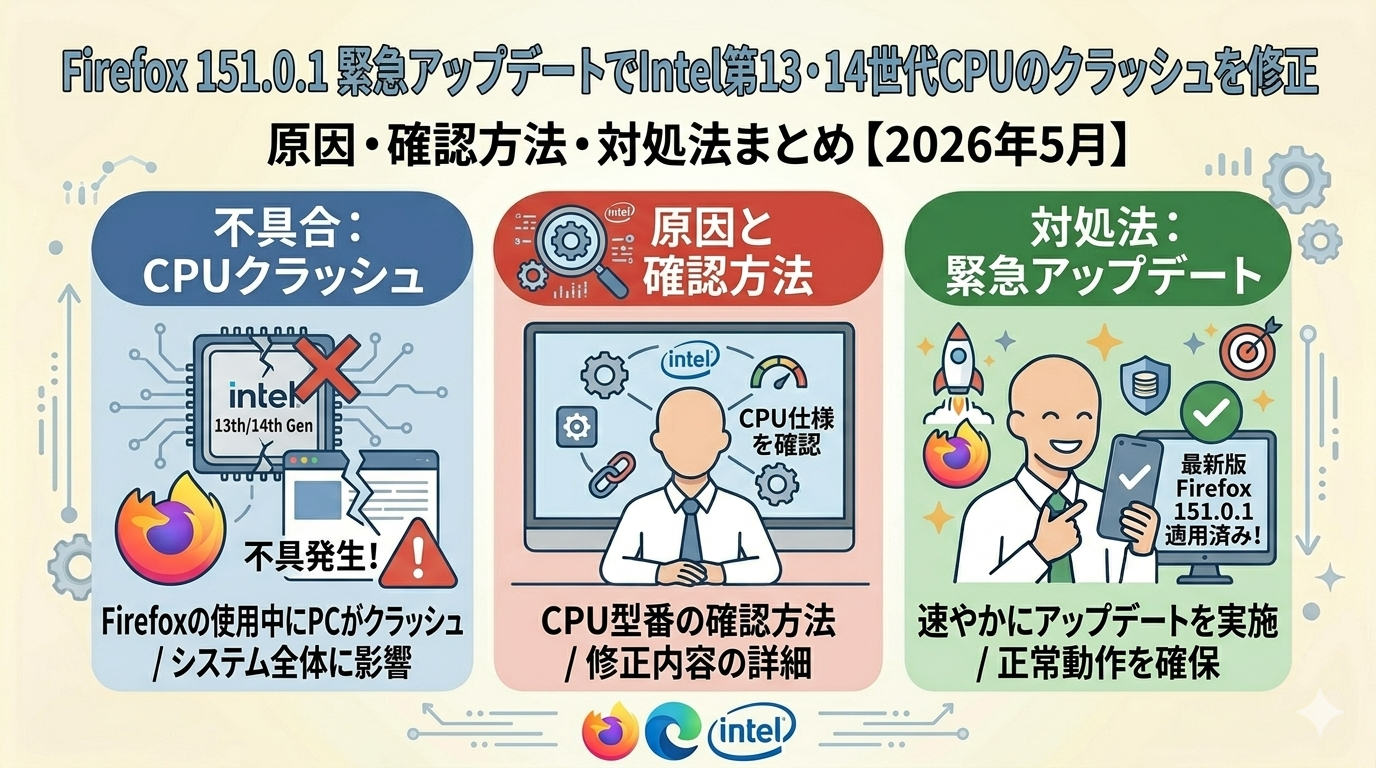 Firefox 151.0.1 緊急アップデートでIntel第13・14世代CPUのクラッシュを修正　原因・確認方法・対処法まとめ【2026年5月】