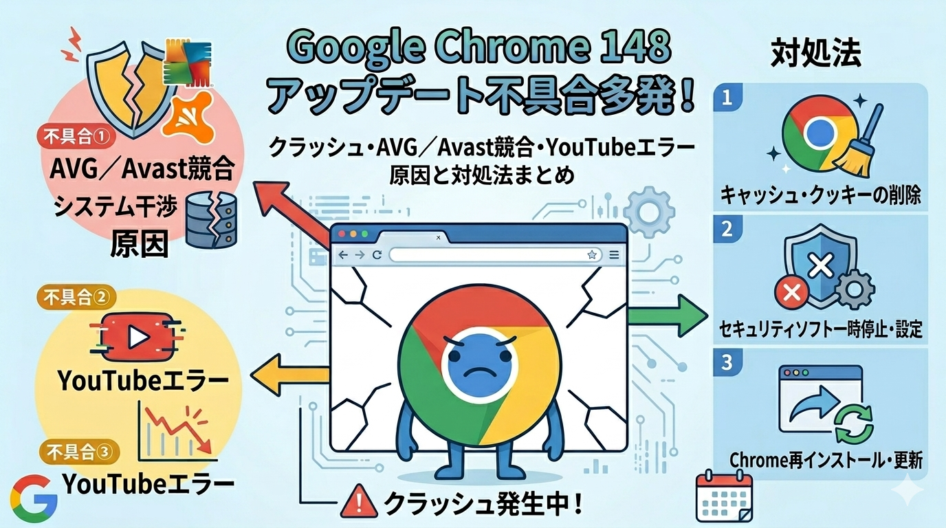 Google Chrome 148アップデートで不具合多発 クラッシュ・AVG／Avast競合・YouTubeエラーの原因と対処法まとめ【2026年5月版】
