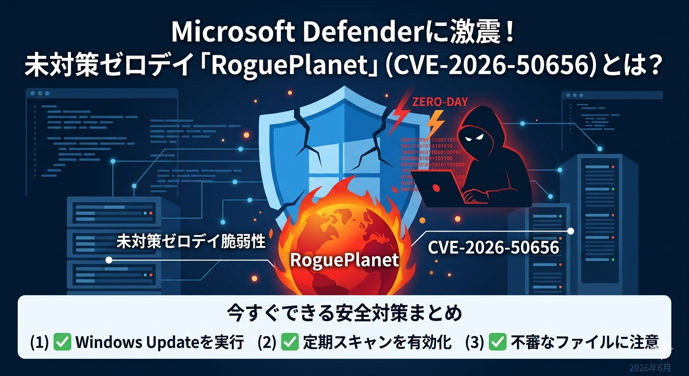 Microsoft Defenderに激震！未対策ゼロデイ「RoguePlanet」（CVE-2026-50656）とは？今すぐできる安全対策まとめ