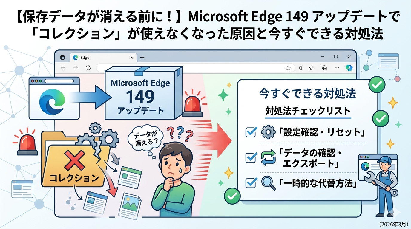 【保存データが消える前に！】Microsoft Edge 149 アップデートで「コレクション」が使えなくなった原因と今すぐできる対処法