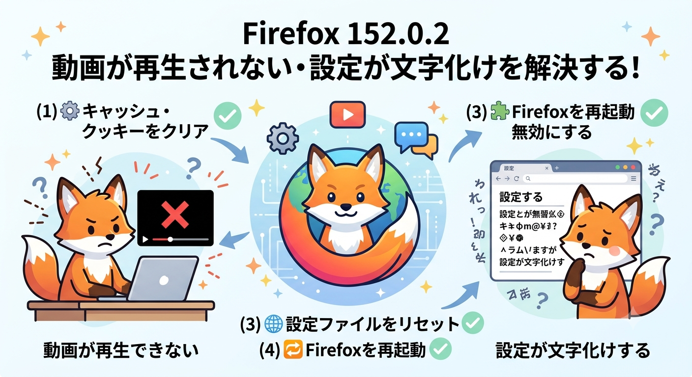 Firefox 152.0.2で動画が再生されない・設定が文字化けする不具合を解決する方法