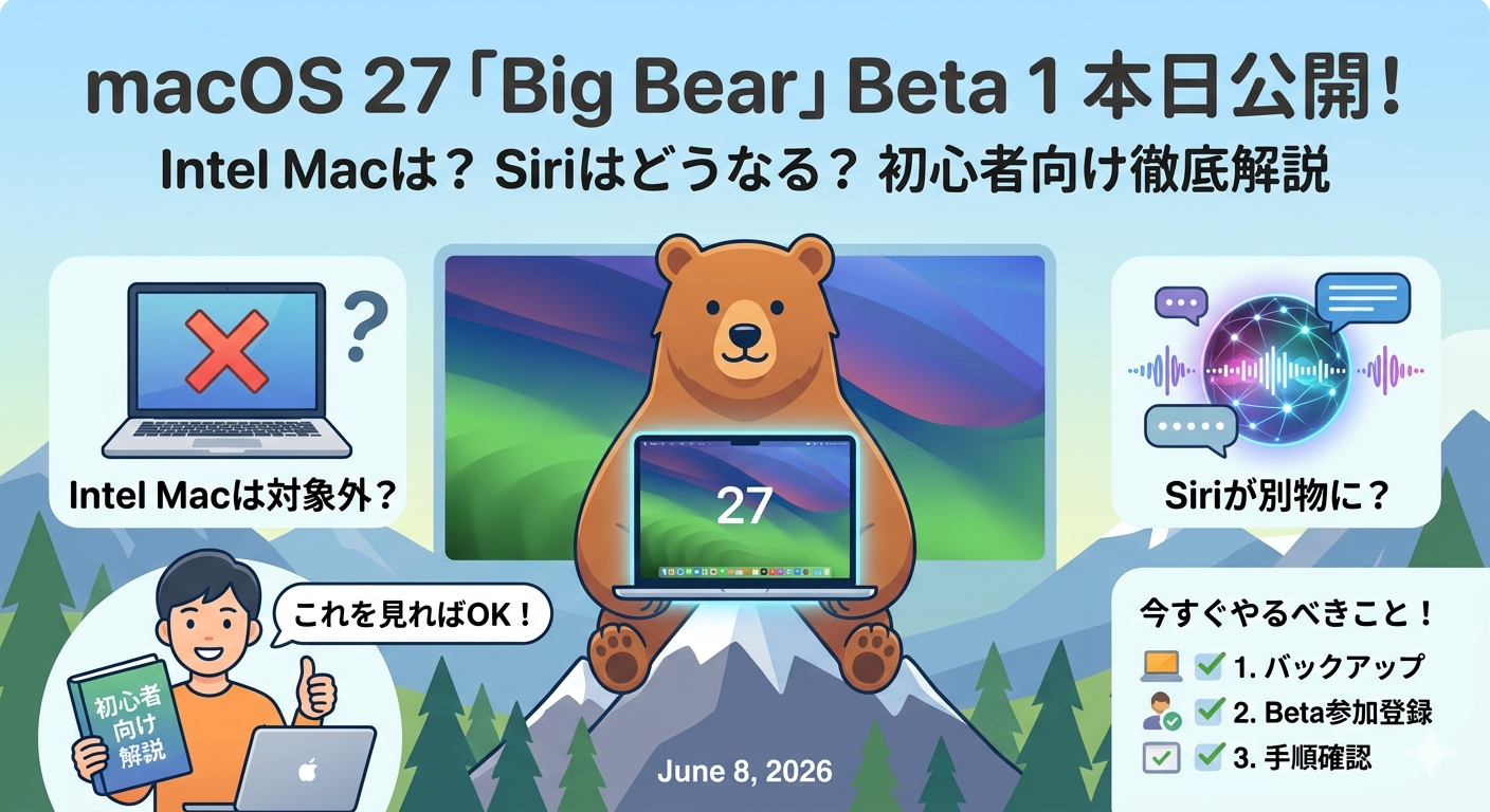 【WWDC 2026速報】macOS 27「Big Bear」Beta 1が本日公開！Intel Macは対象外？Siriが別物に？初心者向け完全解説と今すぐやるべきこと