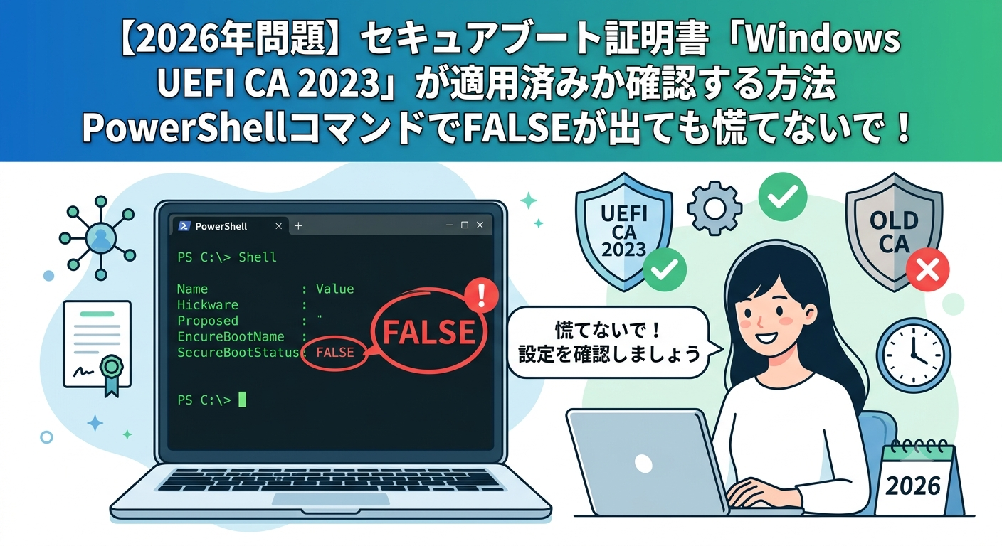 【2026年問題】セキュアブート証明書「Windows UEFI CA 2023」が適用済みか確認する方法 PowerShellコマンドでFALSEが出ても慌てないで！