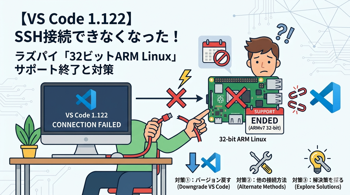 【VS Code 1.122】ラズパイにSSH接続できなくなった！「32ビットARM Linux」サポート終了の原因と今すぐできる対策