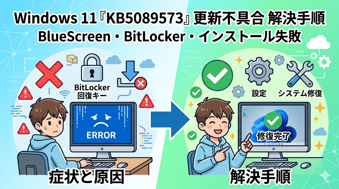 Windows 11「KB5089573」更新後にBlueScreen・BitLockerが求められる・インストールが失敗する症状の原因と解決手順