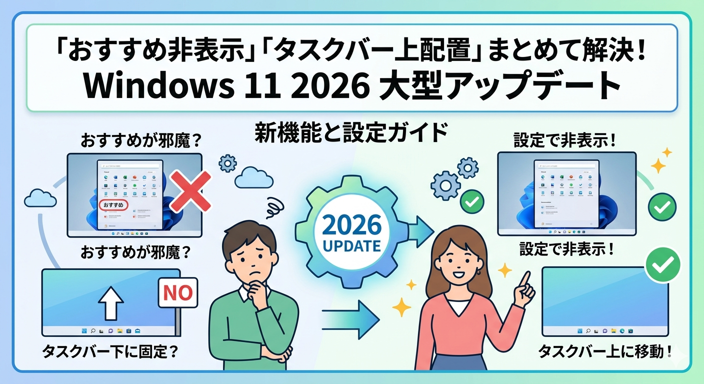 「スタートメニューのおすすめが邪魔」「タスクバーを上に移したい」をまとめて解決！Windows 11 2026年大型アップデートの新機能と設定ガイド