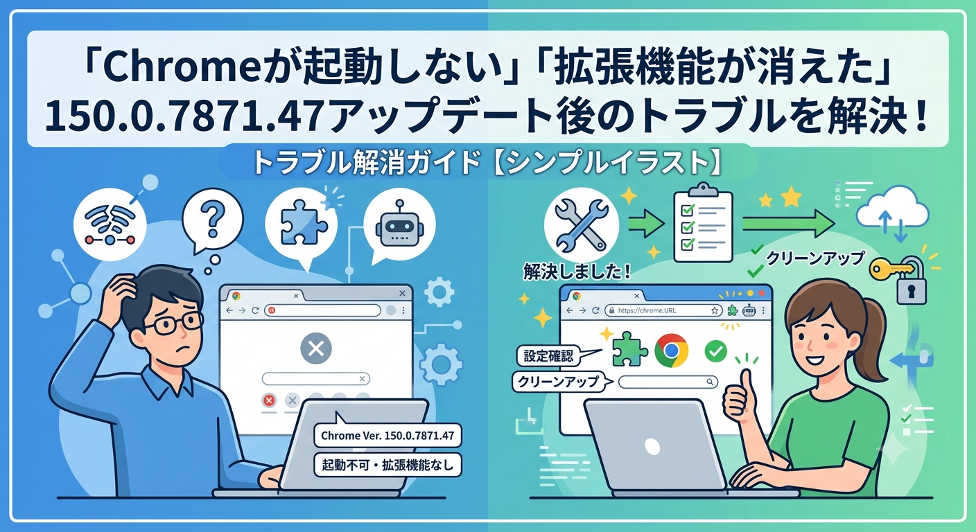 「Chromeが起動しない」「拡張機能が消えた」150.0.7871.47アップデート後のトラブルを解決する方法